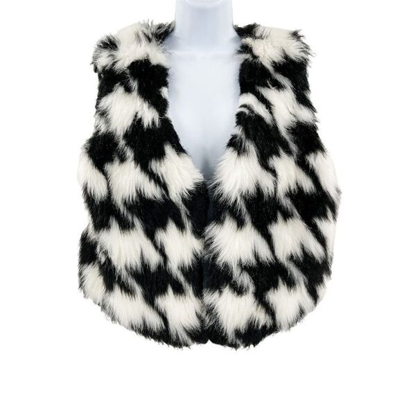 Michael Kors Houndstooth Black White Open Front Faux Fur Vest Large - Picture 3 of 8